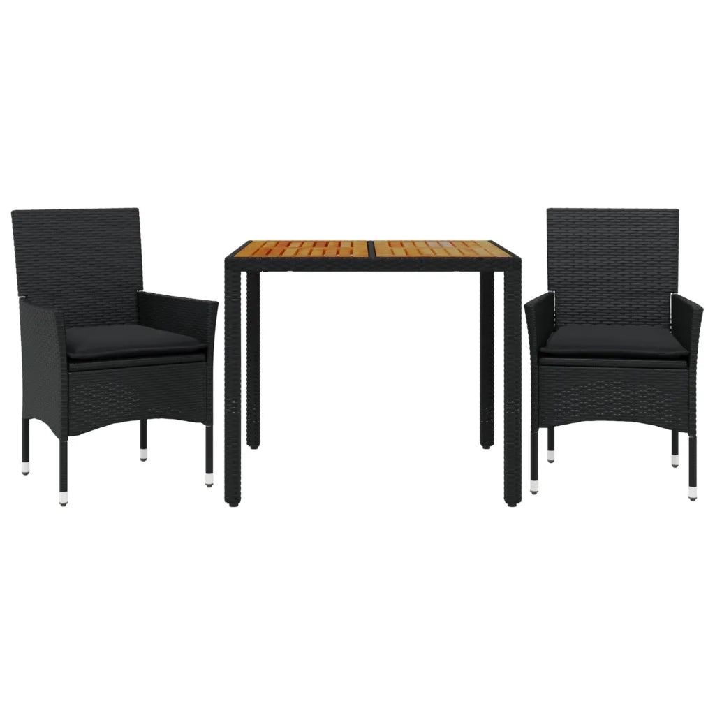 Set Pranzo da Giardino 3 pz | Set Salotto da Giardino con Cuscini Nero Polyrattan Acacia