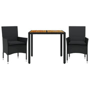 Set Pranzo da Giardino 3 pz | Set Salotto da Giardino con Cuscini Nero Polyrattan Acacia