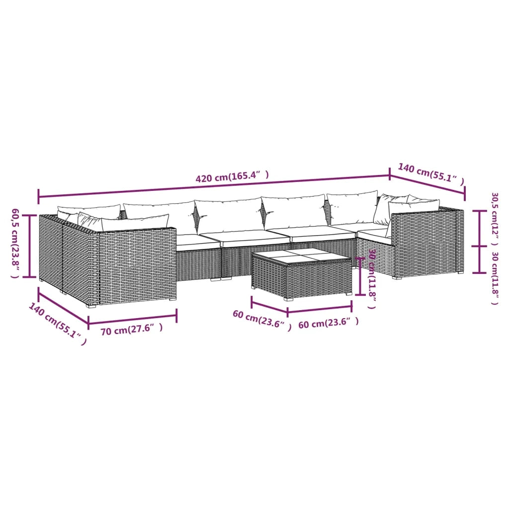 Set Divani da Giardino 8 pz con Cuscini in Polyrattan Marrone cod mxl 38958