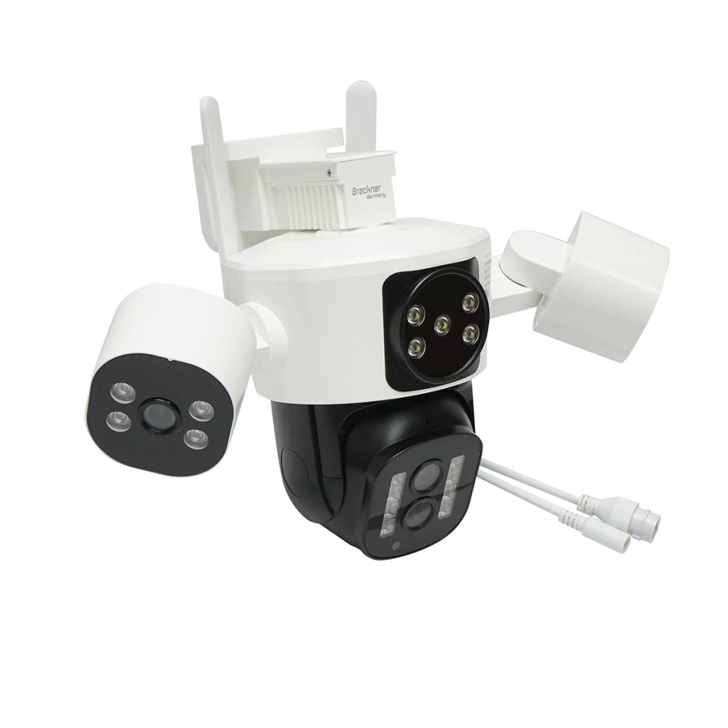 Telecamera di sorveglianza con 4 lenti, 3 obiettivi da 16 MP, WIFI 2.4GHz, rotazione a 360 gradi PTZ con sensore di movimento, zoom 10X, allarme, visione notturna IR, rilevamento umano e applicazione IPC360 Home