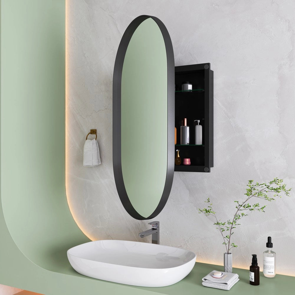 Armadietto Specchio Ovale da Bagno con Ripiani Regolabili ¨C MINIMAL ¨C Nero