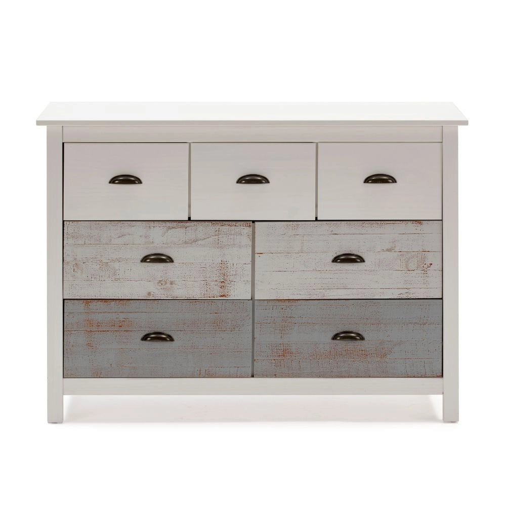 Comò in legno massiccio bianco e grigio Romantica 110x40x80H  – Eleganza Naturale con 7 cassetti