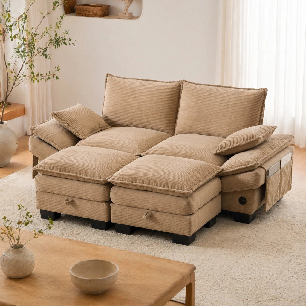 Divano modulare 2 posti in corduroy khaki con 2 pouf; porta USB-C e tasche laterali