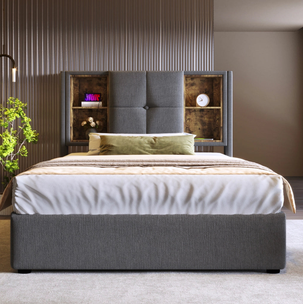 Letto singolo 90x200 grigio in cotone con contenitore e ricarica USB-C