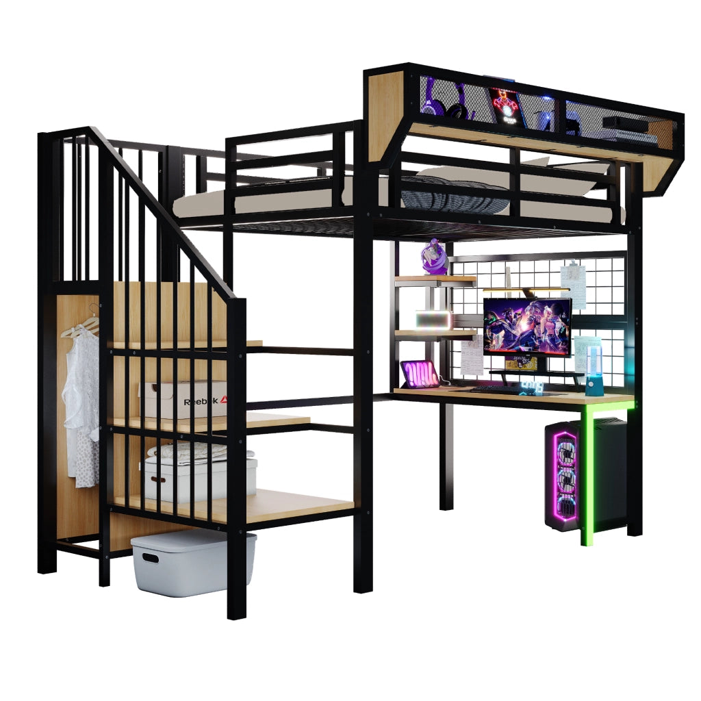 Letto a soppalco 90 × 200 cm con scrivania, ripiani, LED e prese, senza materasso, metallo nero