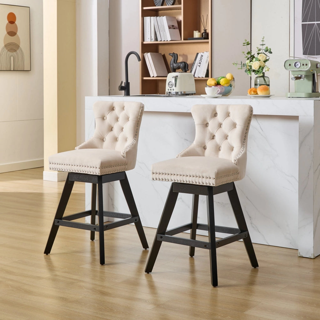 Sgabelli da Bar in Velluto con Gambe in Legno ¨C MINIMAL ¨C Beige, Set 2 Pezzi