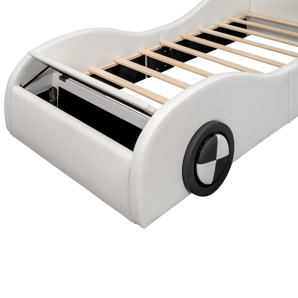 OKWISH Letto Bambino 90×200 cm, Letto Singolo a Forma di Auto con Ruote Luminose, Vano Contenitore, senza Materasso, PU Bianco