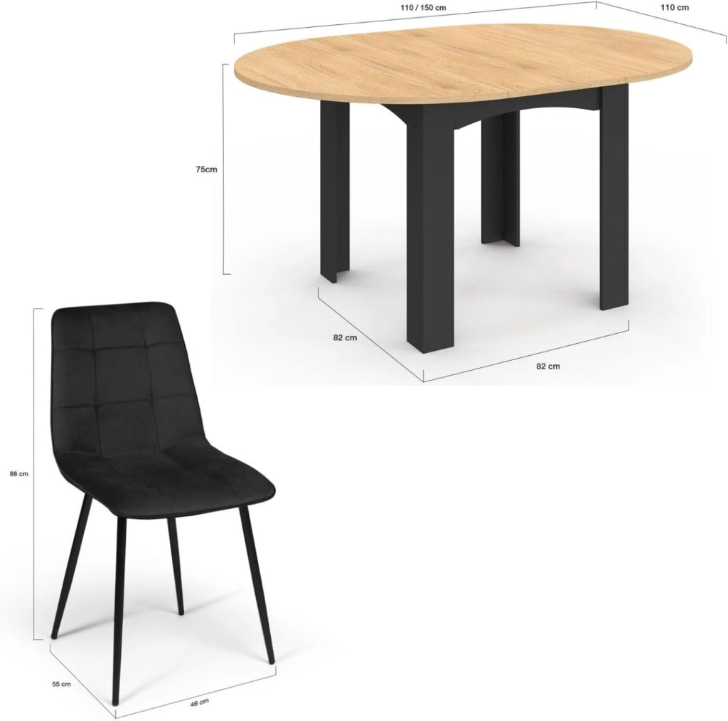Tavolo da Pranzo Rotondo allungabile Dona Nero con Piano Effetto faggio 110-150 cm e 6 sedie Mila in Velluto Nero