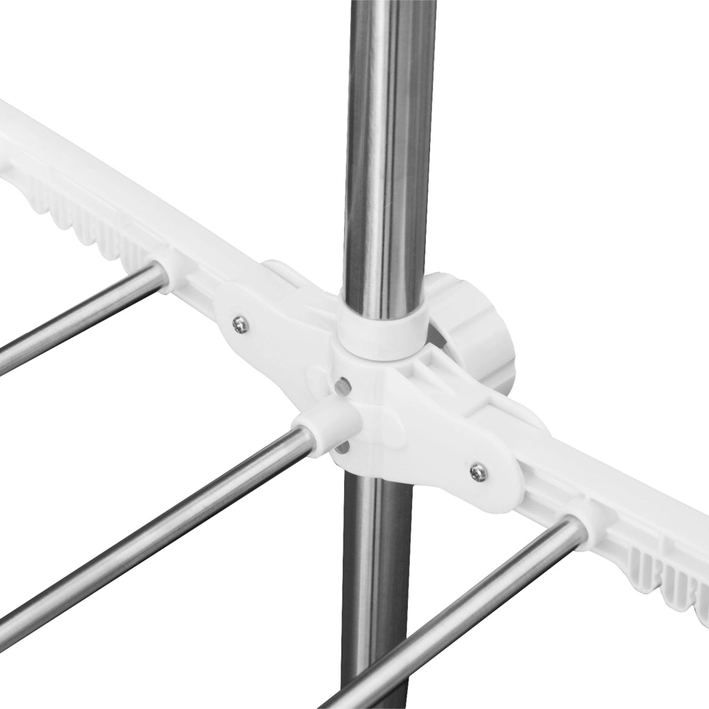 Scaffale a due livelli pieghevole con aste regolabili, ruote girevoli e freni per interno e esterno in plastica argento
