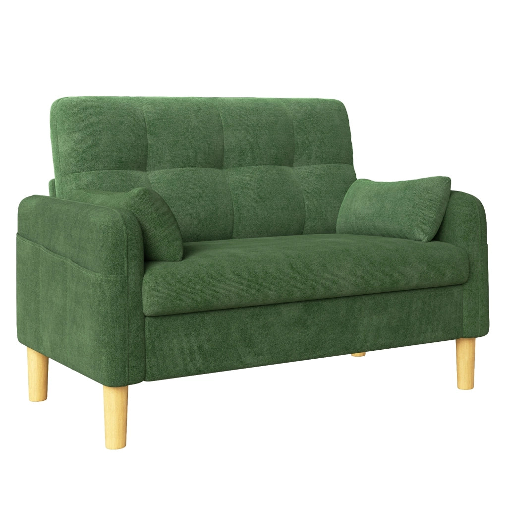Sofa a 2 posti in chenille verde con 2 cuscini; 119 x 78 x 85 cm