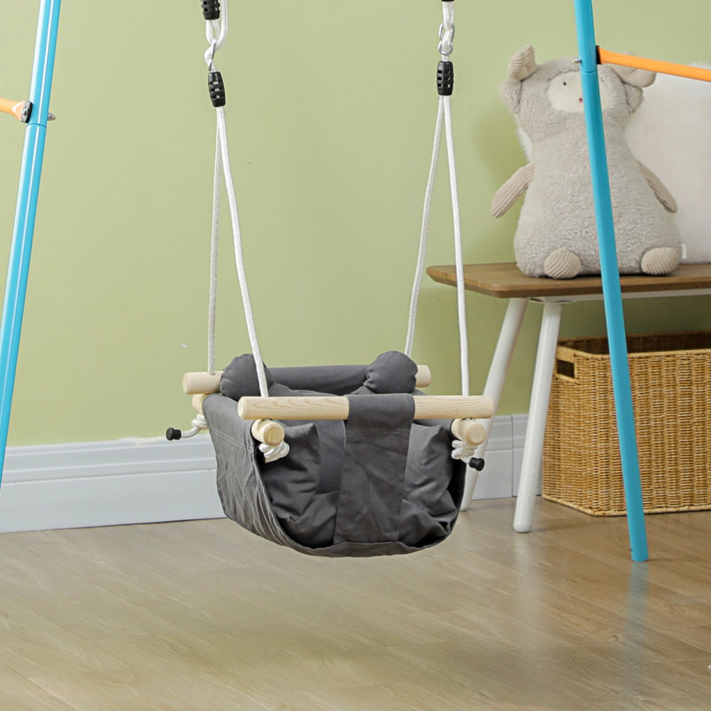 Altalena per Bambini Regolabile in Altezza ¨C zephmum ¨C Grigio e Legno 40x40x110-180 cm
