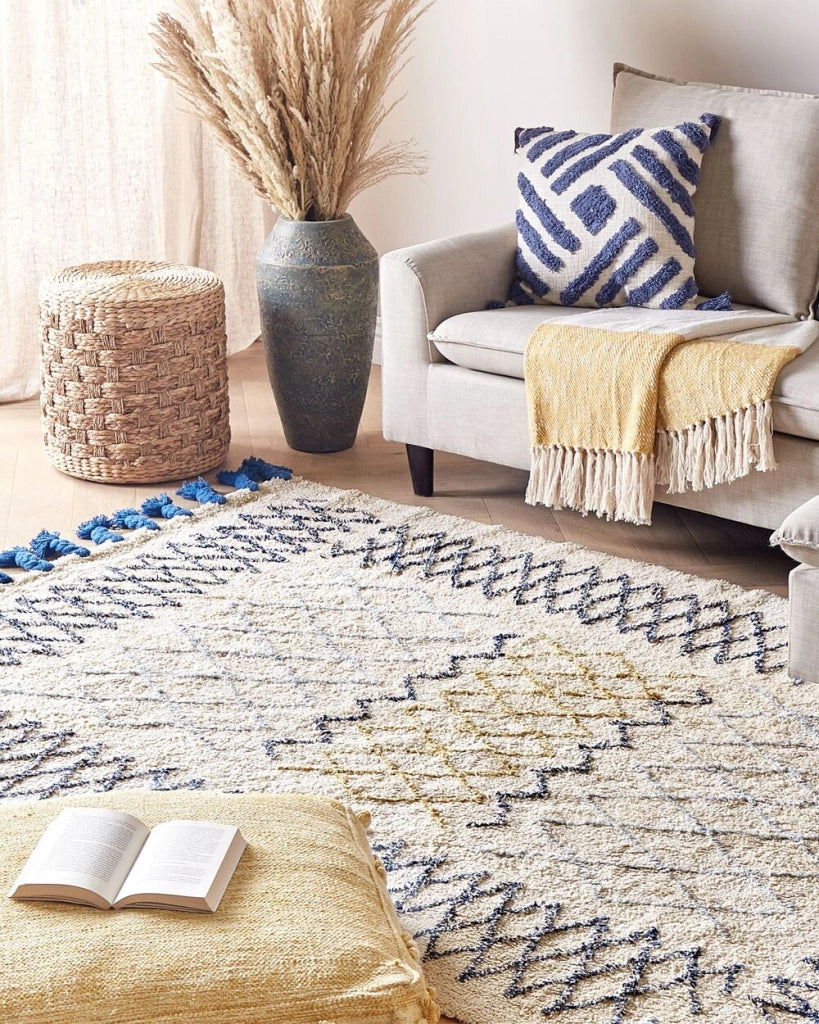 Tappeto in cotone beige 160 x 230 cm rettangolare frange motivo geometrico soggiorno camera da letto