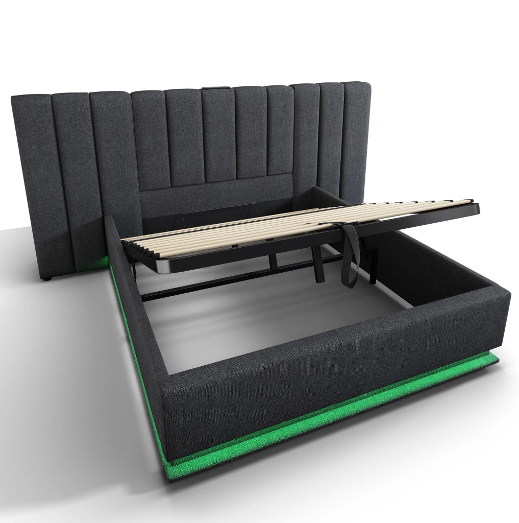 Letto matrimoniale contenitore 180x200 cm con LED 360掳; USB e USB-C; in lino grigio