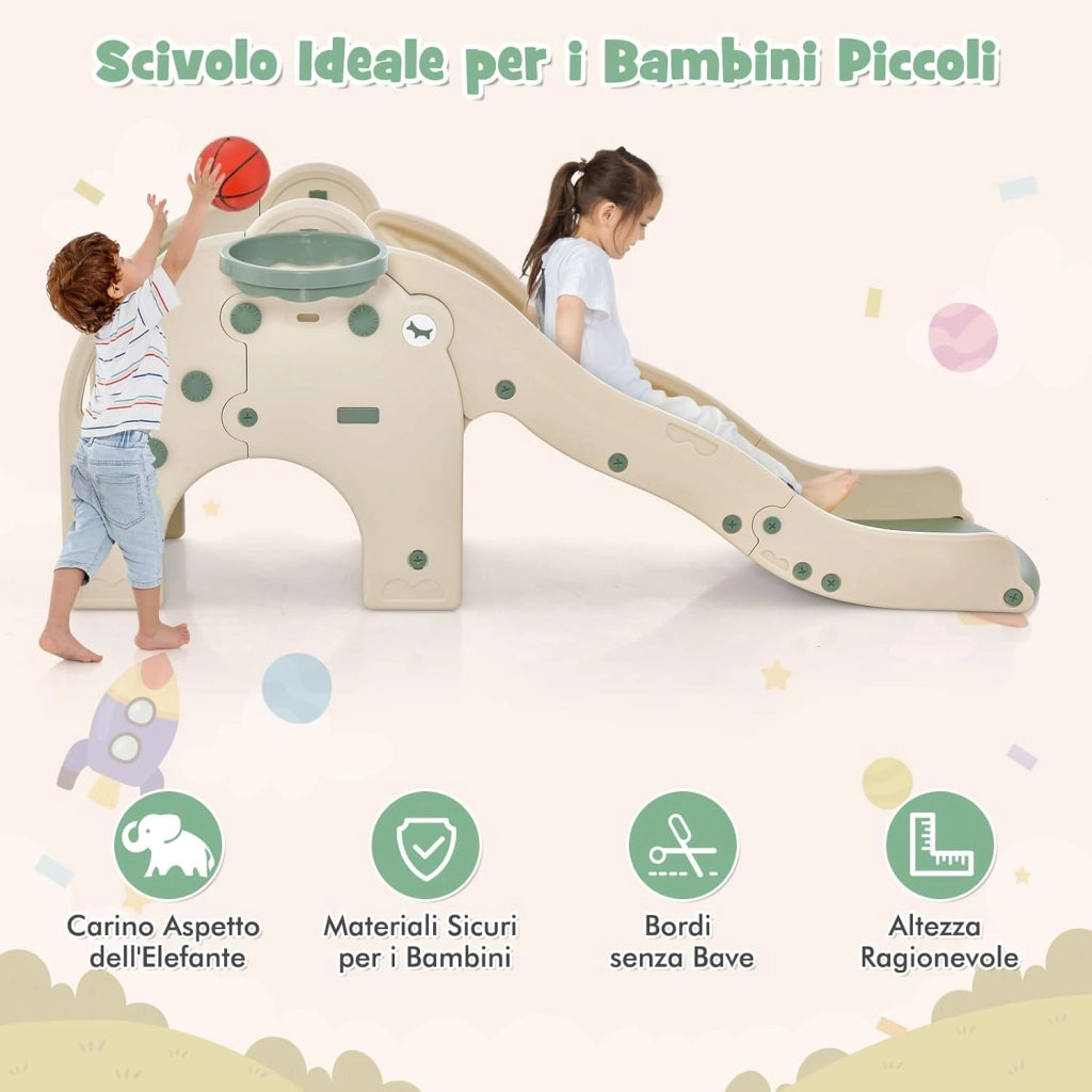 Scivolo per Bambini Forma di Elefante, 4 in 1 Scivolo con Canestro da Basket e Pallone, Scalini Antiscivolo, Set di Giocattoli Scivolo per Bambini 18 Mesi+(Verde)
