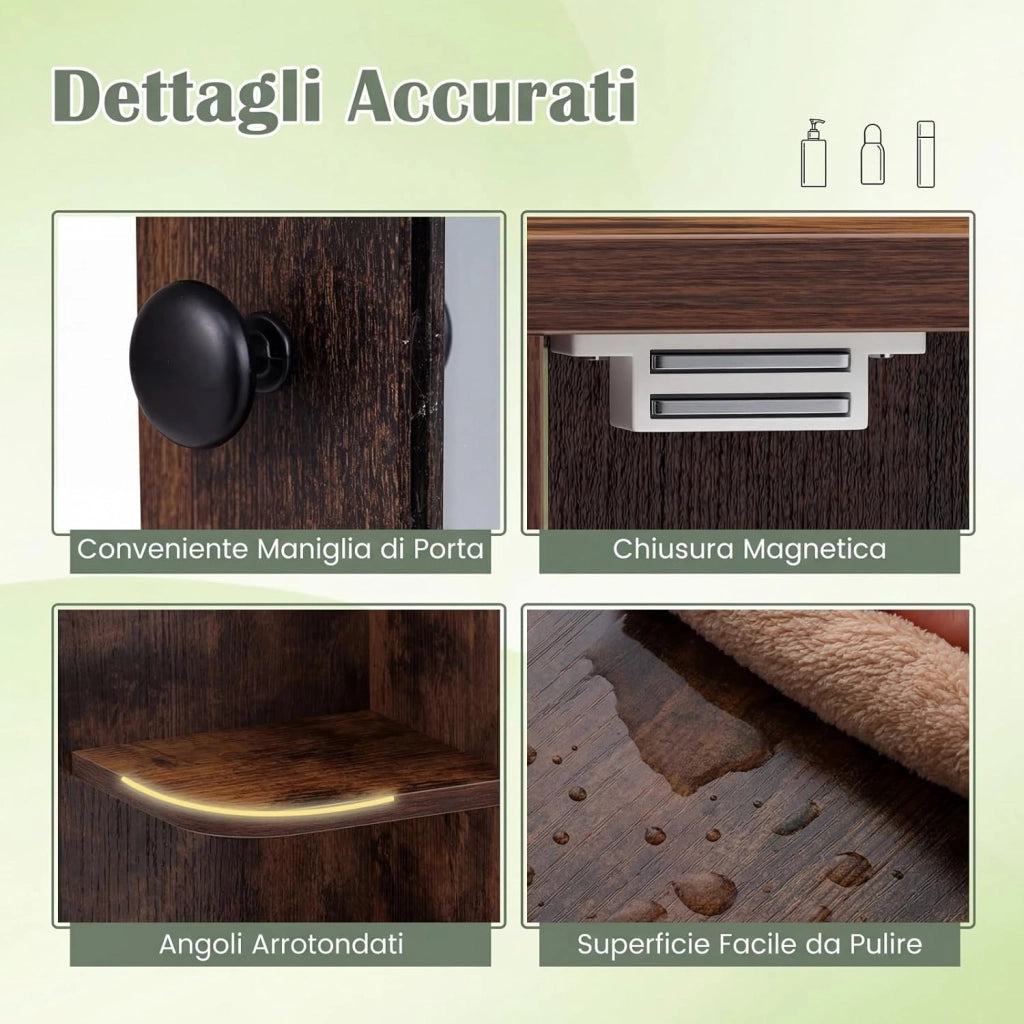 Mobile Bagno da Parete, Armadietto Pensile in Legno con 1 Anta, 6 Scomparti Aperti e 3 Ripiani, Mobiletto da Bagno Salvaspazio per Soggiorno e Camera da Letto, 66 x 16,5 x 63 cm (Marrone)