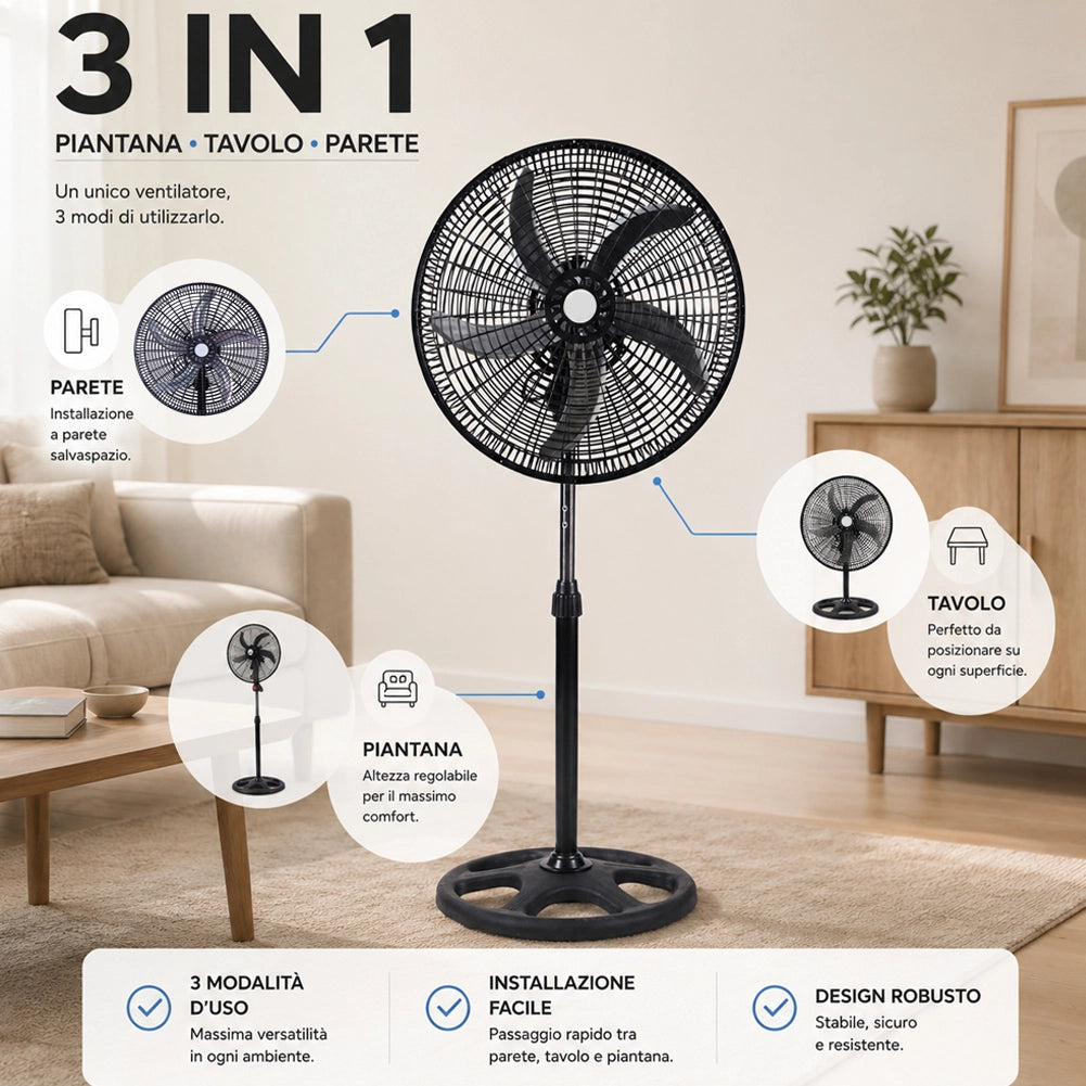 Ventilatore 3in1 Piantana Da tavolo Parete 3 Velocita Oscillazione 65W Pale 50cm
