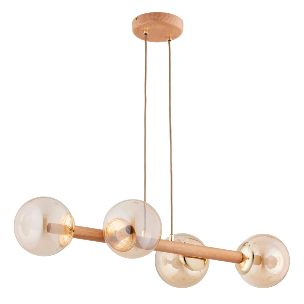 Lampada a sospensione Rosari legno vetro ambra 4xE14