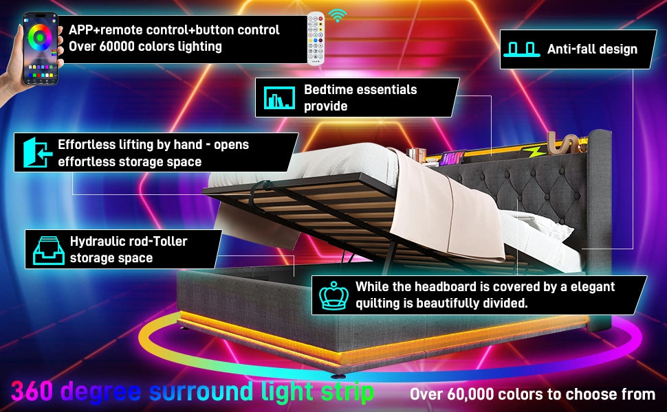 DESMIU Letto matrimoniale 140 × 190 cm con LED, USB e Type-C, contenitore idraulico, senza materasso, grigio