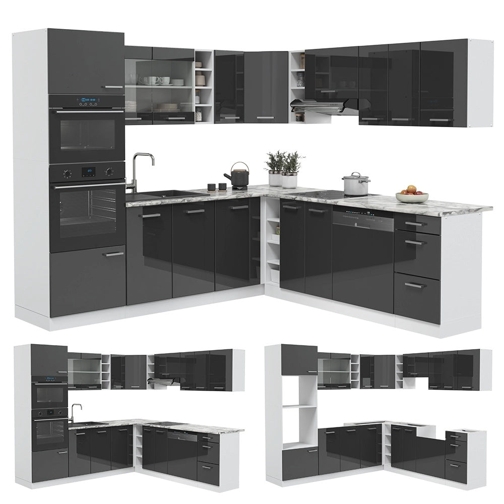 Cucina angolare completa R-Line Antracite lucido/Bianco 247 x 237 cm, PL Marmo Vicco
