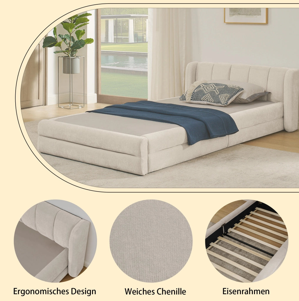 Letto singolo 90x200 cm imbottito in ciniglia con testiera ergonomica; beige