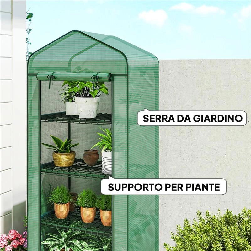 SERRA DA BALCONE A 4 LIVELLI CON 4 ROTELLE E INGRESSO AVVOLGIBILE, IN ACCIAIO E PE, 69X50X165 CM, VERDE