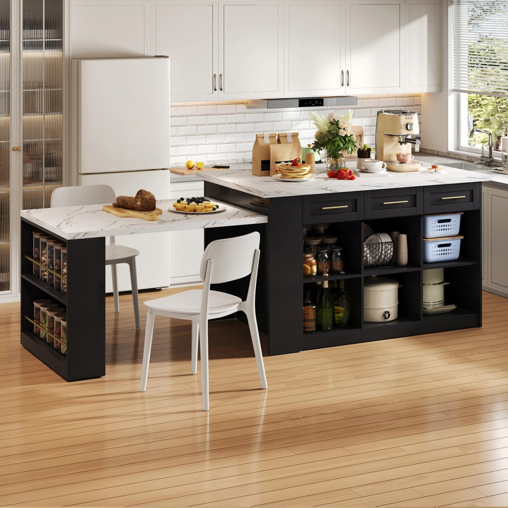 Mobile contenitore da cucina con 6 cassetti e tavolo estraibile - in MDF - nero bianco