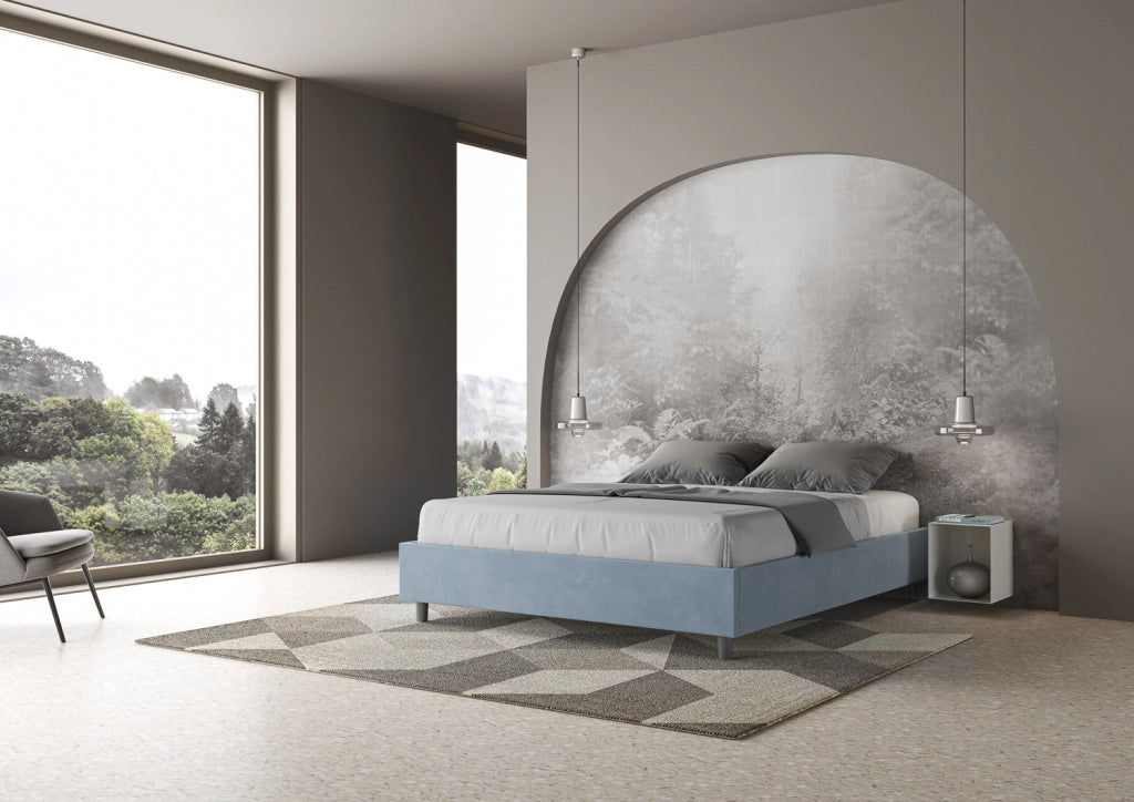 BS COM Letto queen size con rete imbottito 150x210 microfibra azzurro