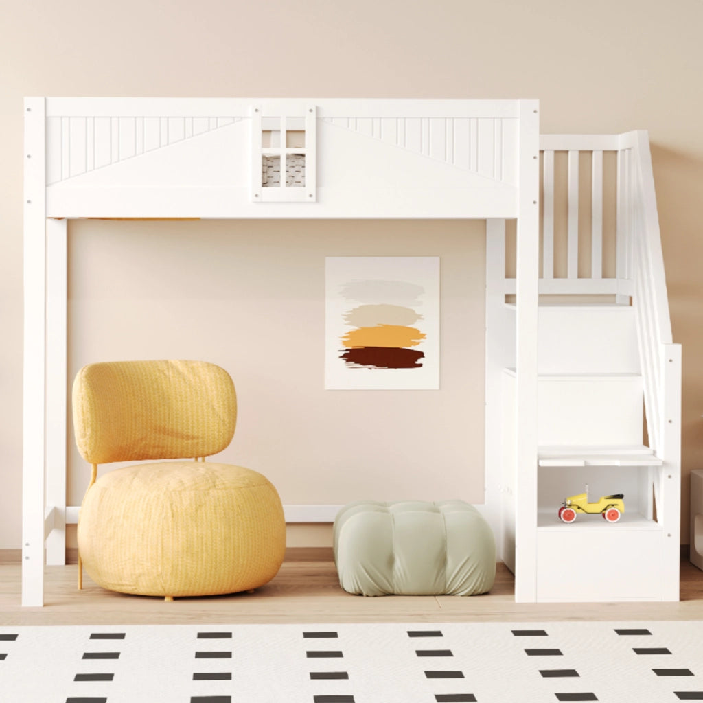 Letto a soppalco 90x200 cm in legno bianco con scala laterale