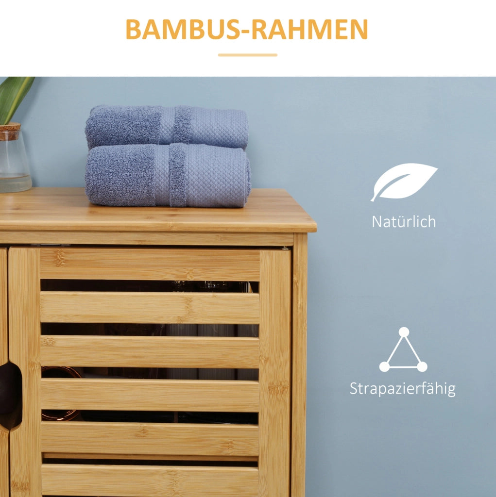 Mobile bagno freestanding in bambù naturale con 2 ante a lamelle e ripiani; 68x32x86 cm