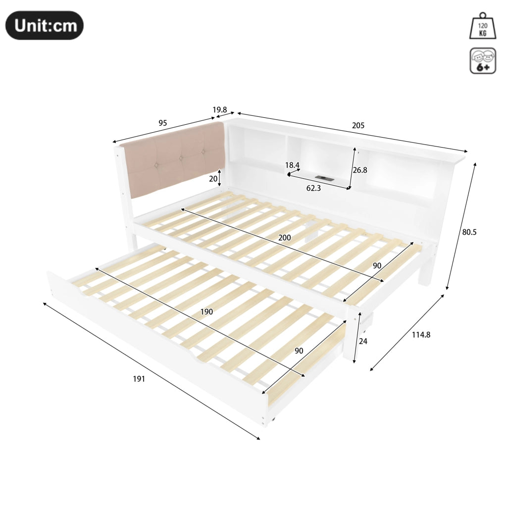 Letto singolo 90x200 cm con letto estraibile; LED dimmerabile; USB e scaffale; bianco
