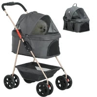 Passeggino per Cani 3 in 1 Pieghevole con Borsa Trasportino e Cestino Inferiore, Grigio