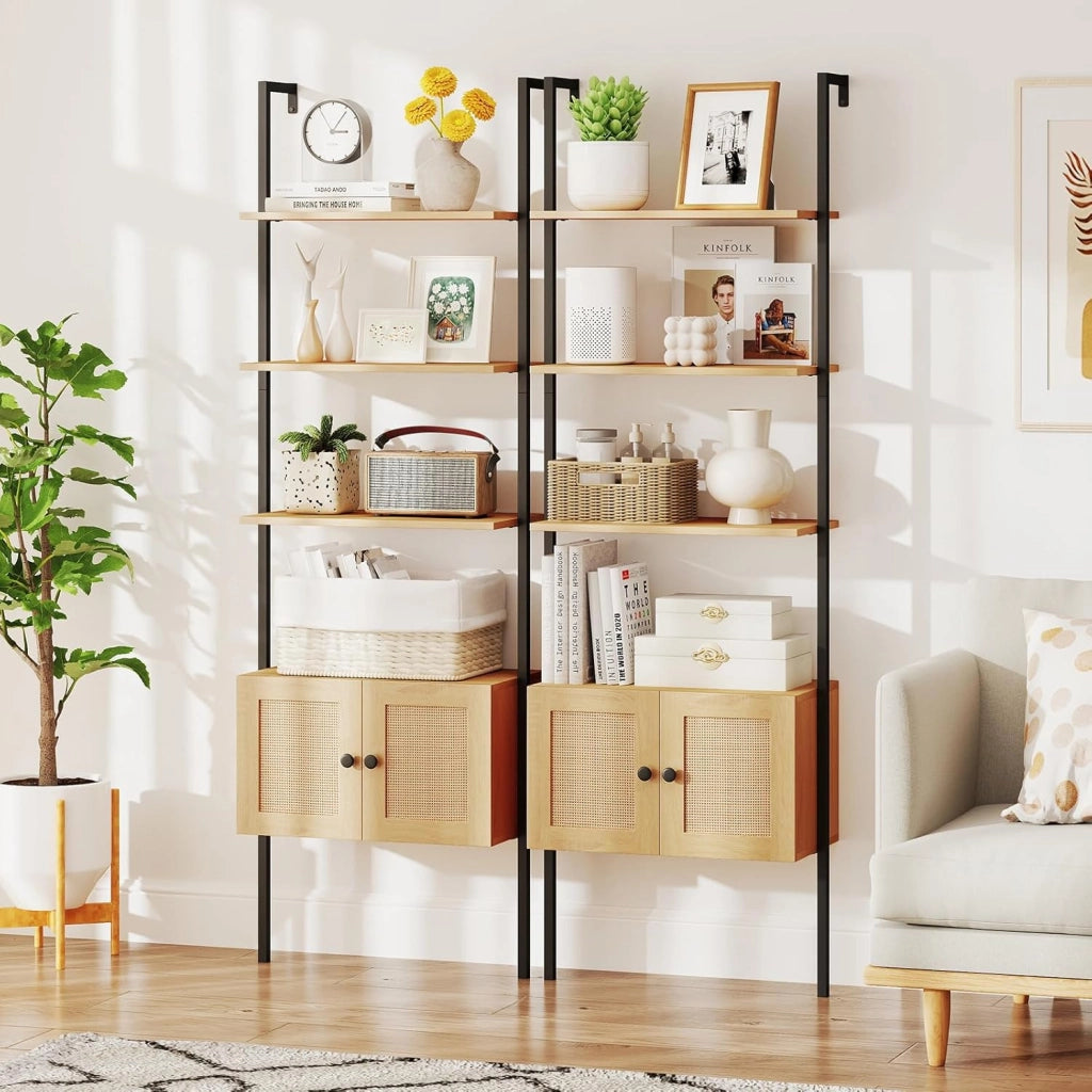 Libreria a Scala a 5 Ripiani con Armadio in Rattan, Scaffale da Parete con Struttura in Metallo, Organizzatore di Stoccaggio per Soggiorno Studio Ufficio, 60x31,5x184 cm