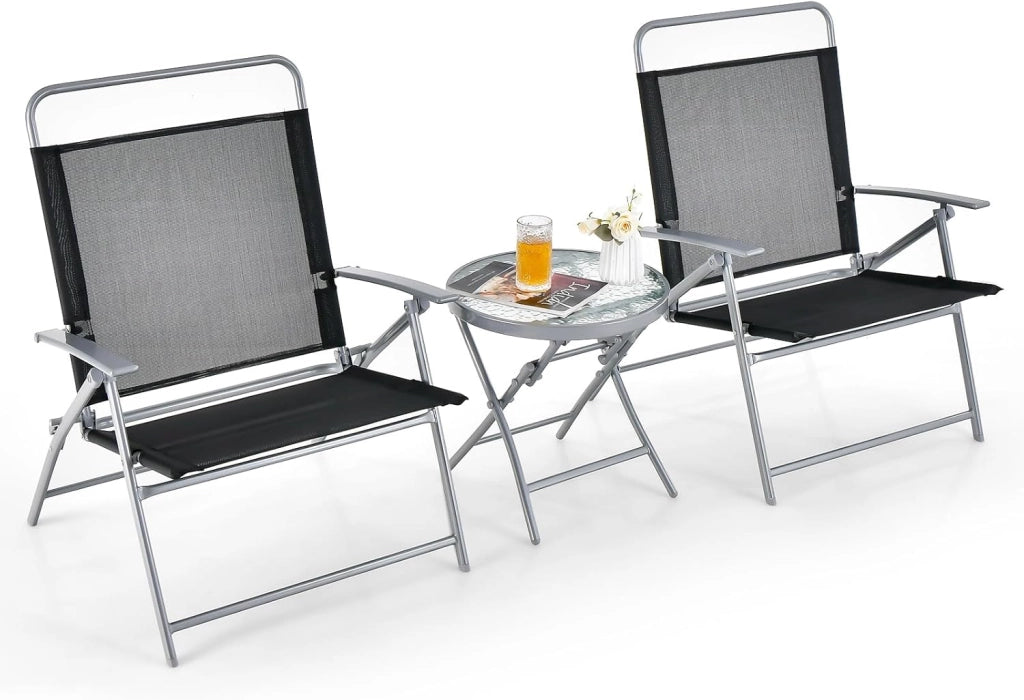 Set Tavolo e Sedie da Giardino Pieghevoli, Set Mobili da Esterno 3 Pezzi con Sedia in Textilene e Tavolino Rotondo in Vetro Temperato, Salottino da Giardino Balcone Bistrò