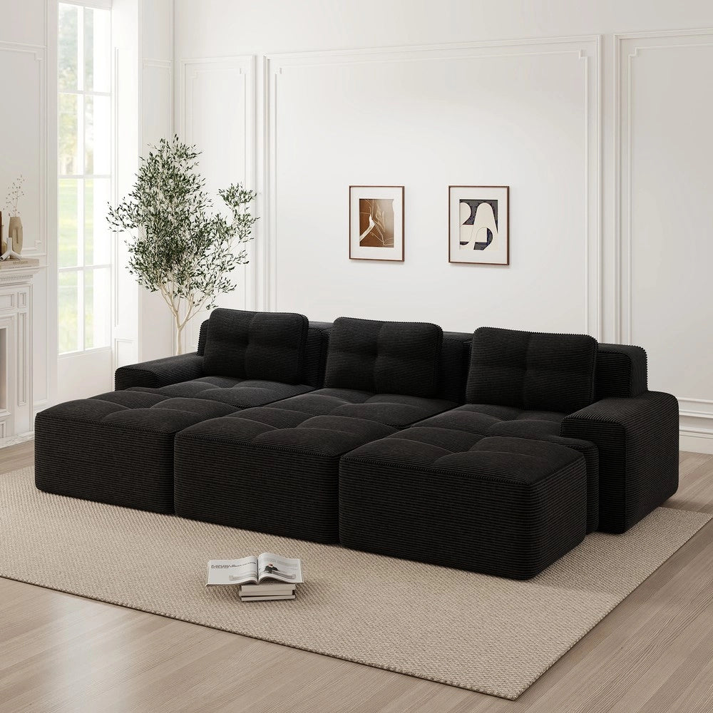 Divano Angolare Modulare 3 Posti con Pouf ¨C Xylo ¨C Velluto a Coste Nero