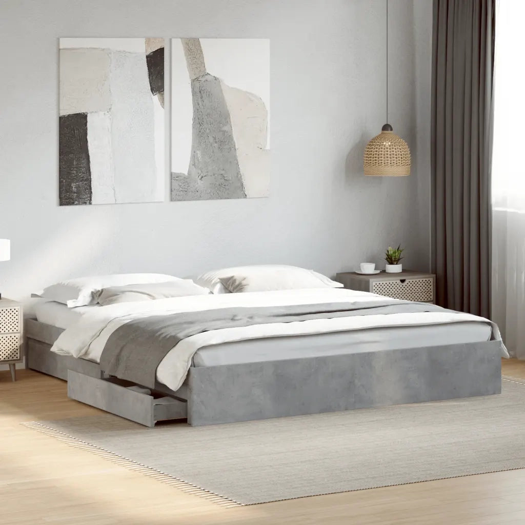 Letto matrimoniale | Letto per adulti | Giroletto Cassetti Grigio Cemento 200x200 cm Legno Multistrato