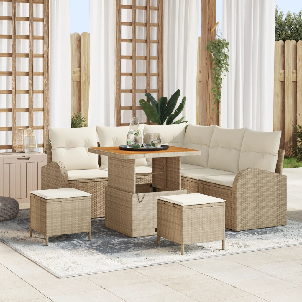Set di Divani da Giardino da 8 Pezzi con Cuscini Beige in Rattan Sintetico e Acacia