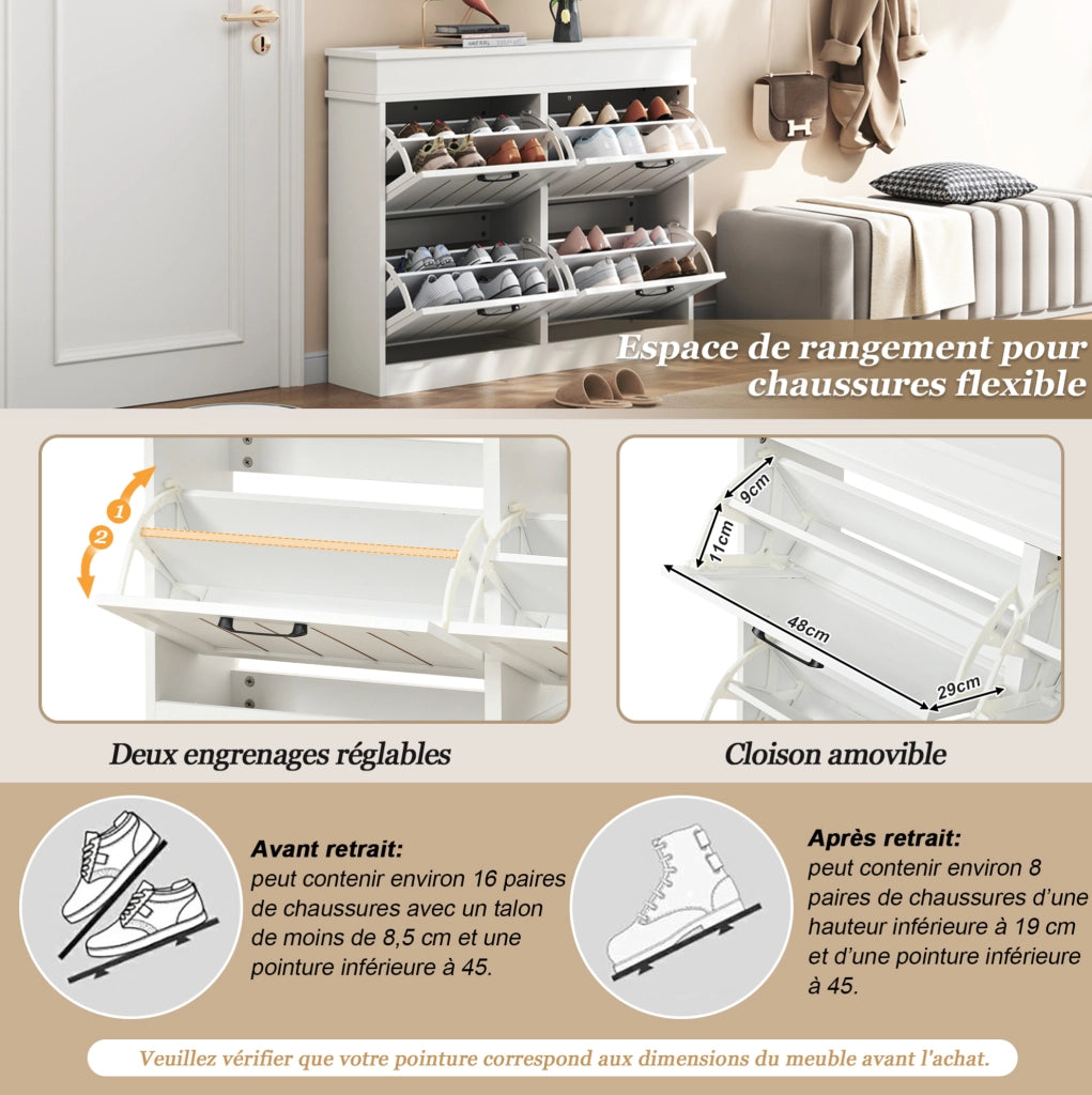 Scarpiera salvaspazio a 4 ante ribaltabili 105x24x83 cm in MDF bianco