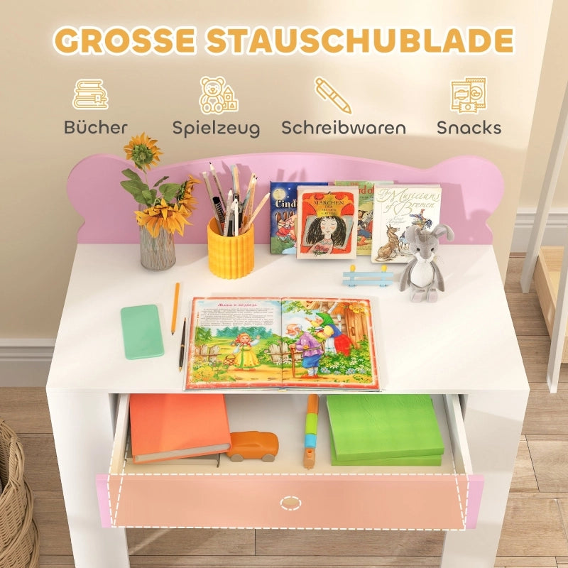 Set scrivania per bambini con piano e cassetto, scrivania e sedia per bambini a forma di orso, scrivania per studenti, scrivania per bambini,