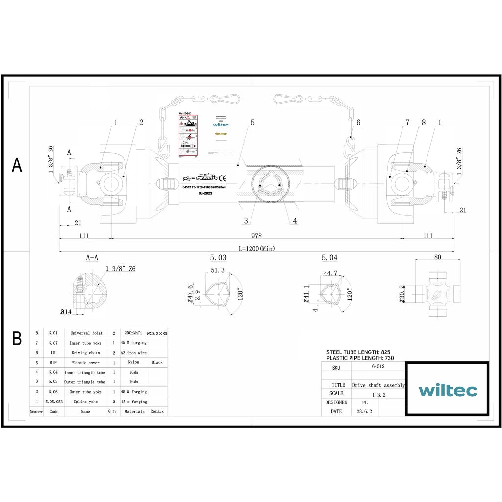 Albero cardanico T5 Giunto cardanico 1200-1320mm 620Nm 540rpm Cardano 54kW (74CV) 2x 1 3/8" 6 denti