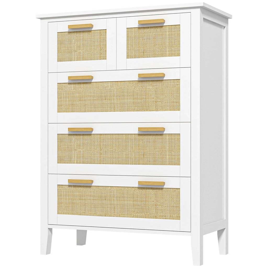 Cassettiera 5 Cassetti Legno Massiccio Maniglie in Legno ¨C Minimal ¨C Bianco 77x37x104