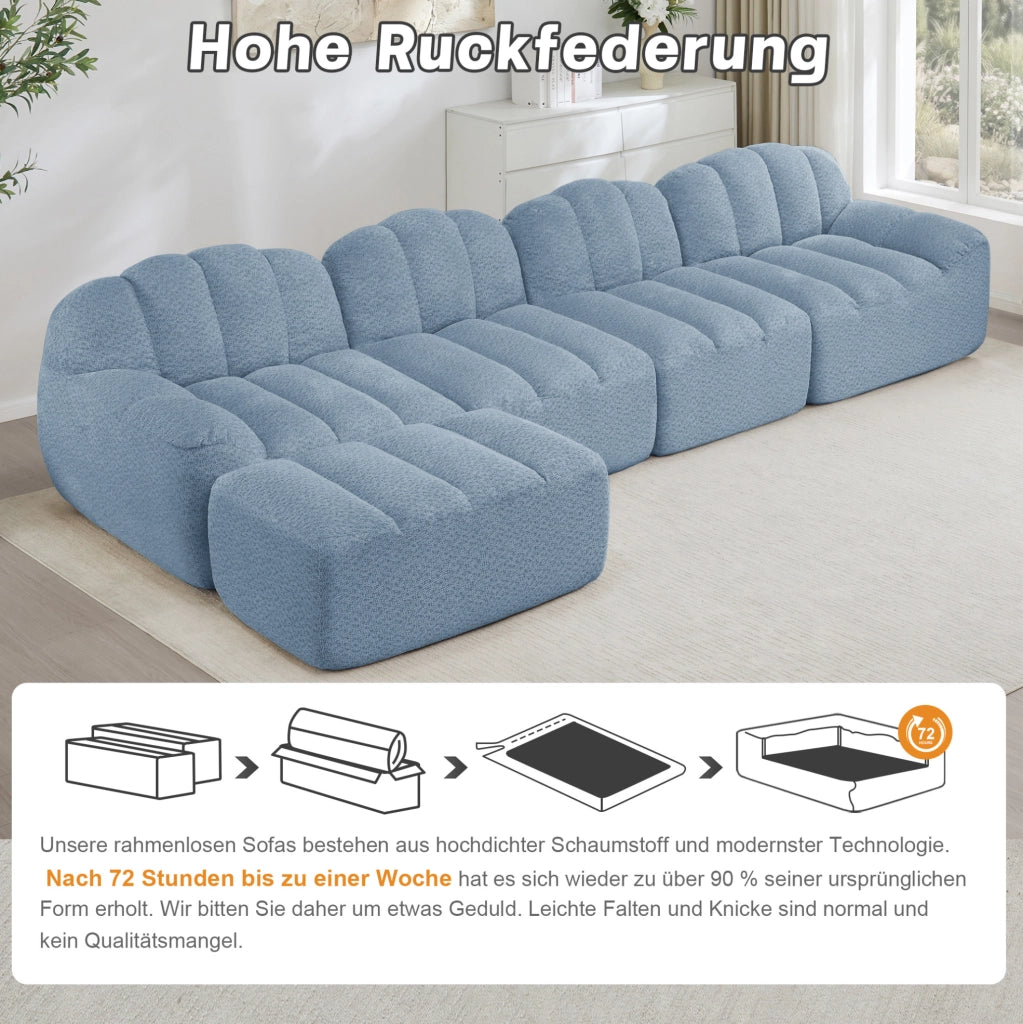 Divano modulare 4 posti con ottomana; design senza struttura in fleece granulato blu