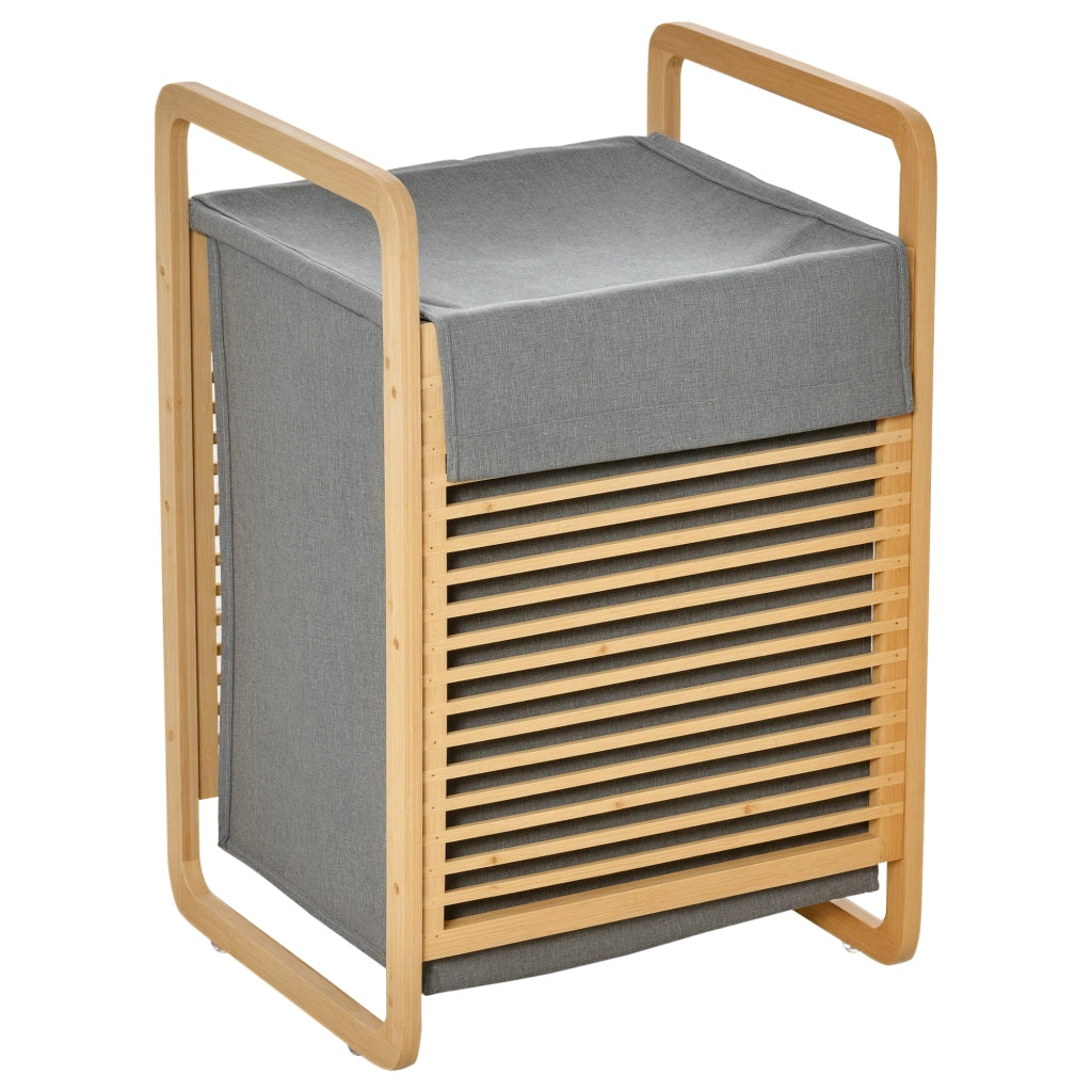 Cesto per bucato in bamb¨´ con tapa e sacchetto estraibile ¨C zephmum ¨C naturale e grigio 40x35.5x60.5 cm