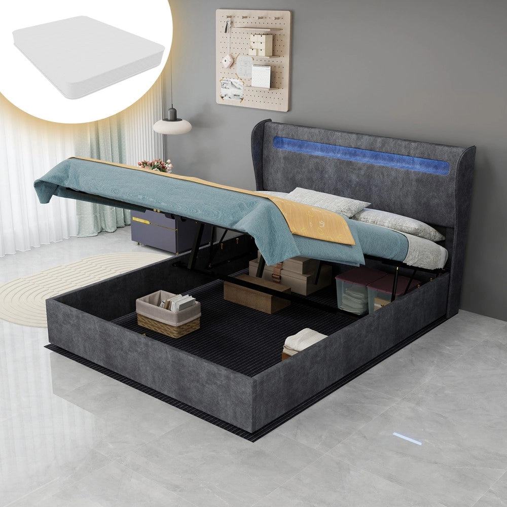 Letto Contenitore Imbottito con LED ¨C MINIMAL ¨C Grigio 140x200 con Materasso