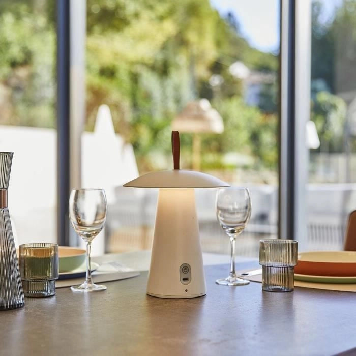 Lampada da tavolo senza fili - LUMISKY - FUNGY - H29 cm - Alluminio - Manico in pelle - LED bianco caldo
