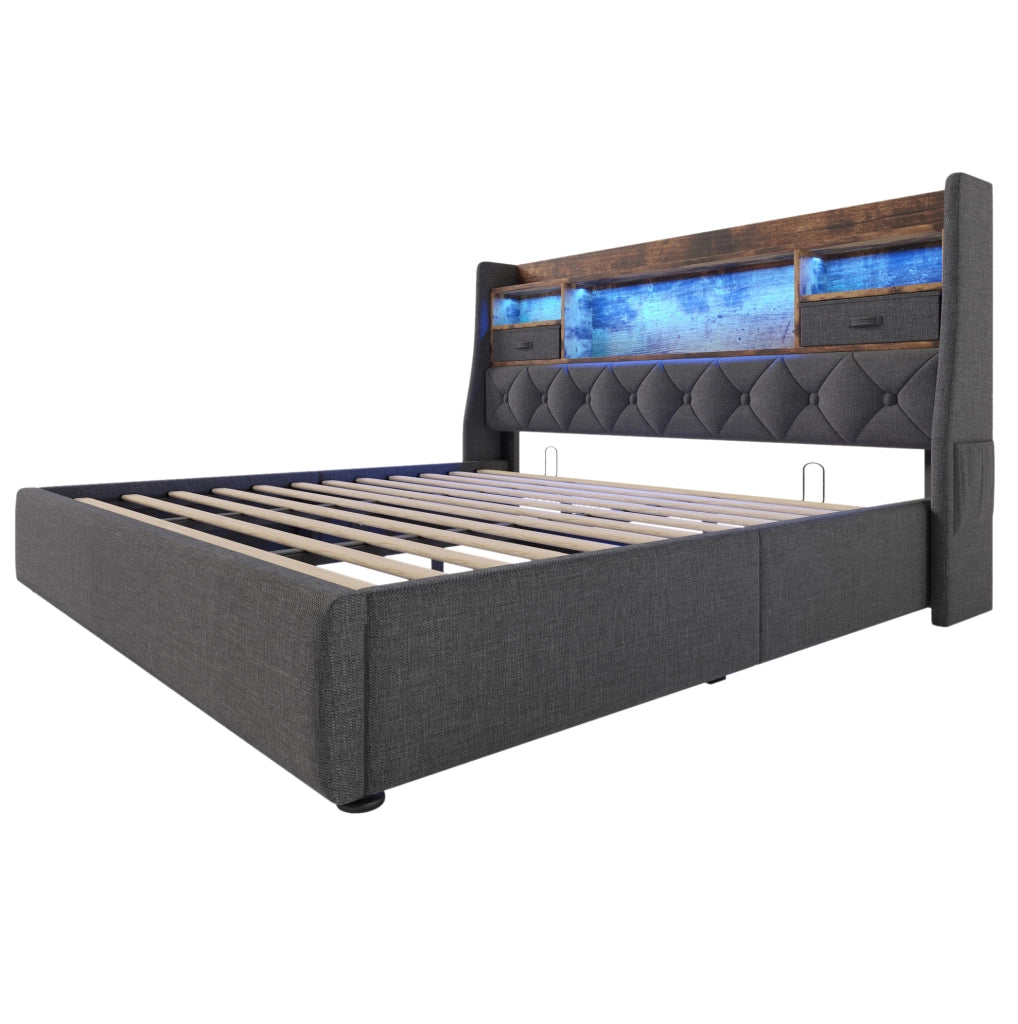 Letto matrimoniale imbottito 180x200 cm in lino grigio con contenitore; LED e ricarica USB/Type-C