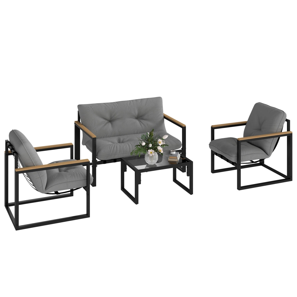 Set da giardino 4 posti con divano, 2 poltrone e tavolino in vetro temperato, cuscini inclusi ¨C zephmum ¨C grigio