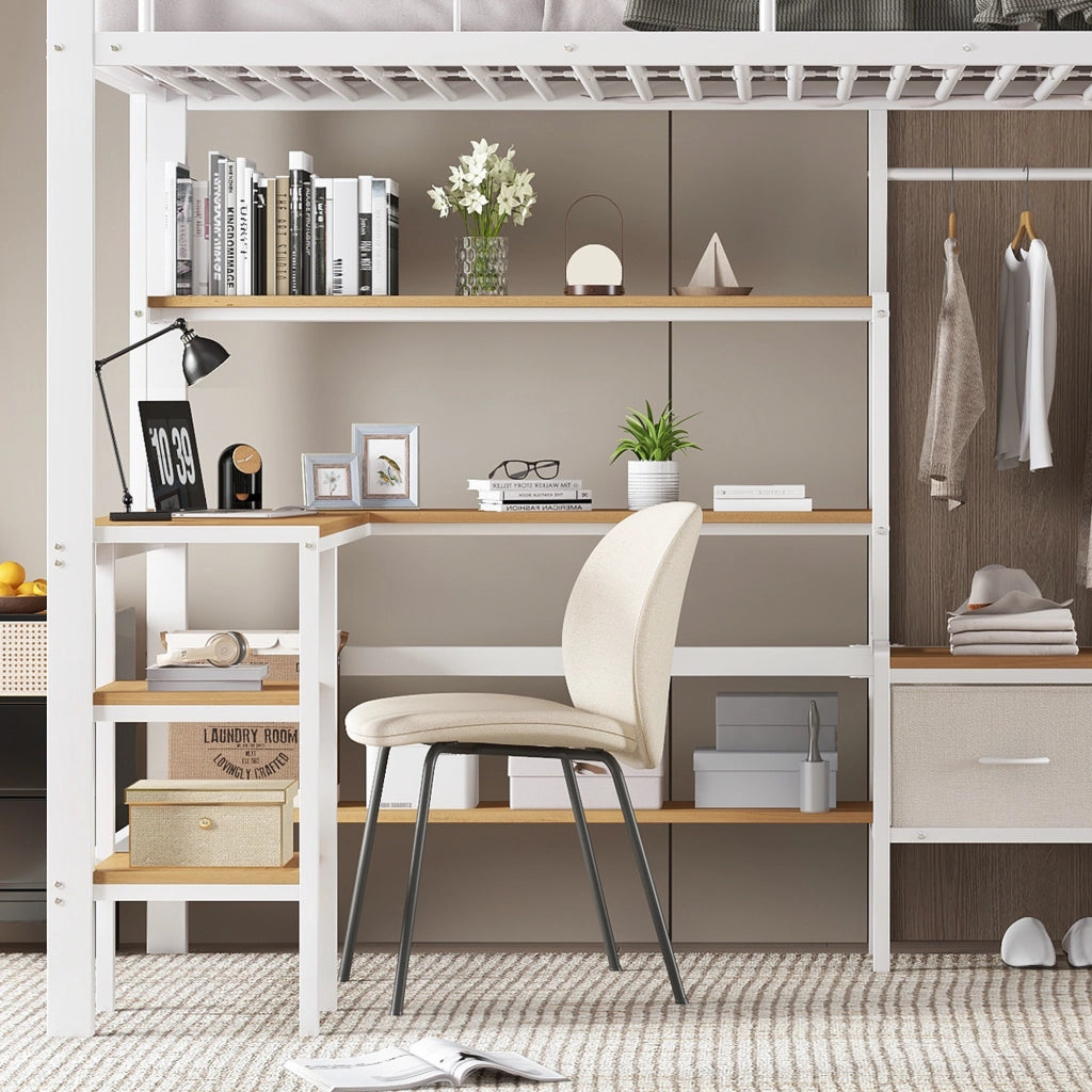 Letto a soppalco in ferro e MDF 90x200 cm con scrivania, 2 box in tessuto e scaffale, bianco naturale