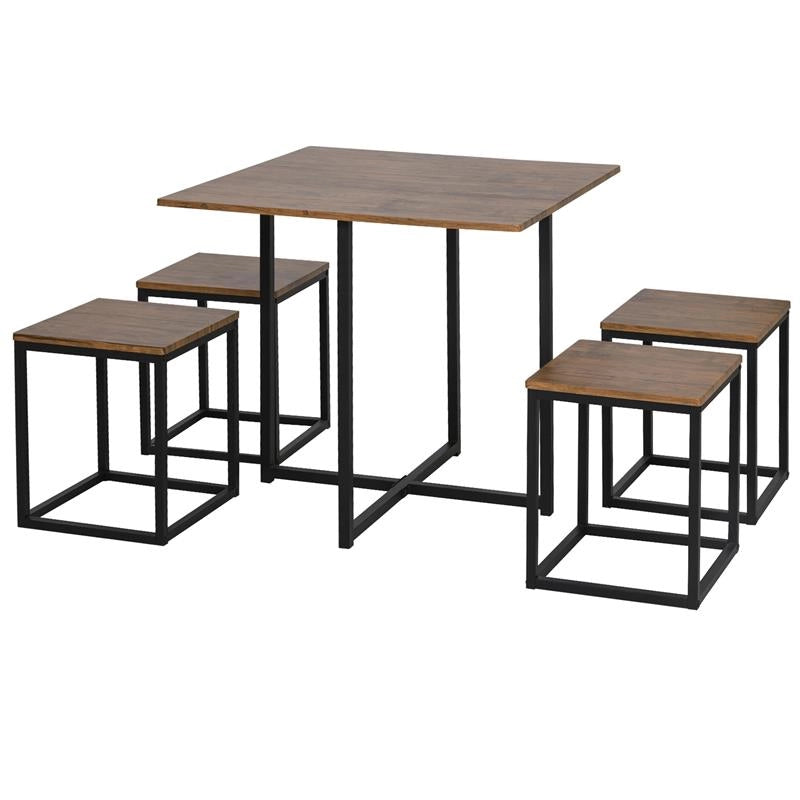 SET 5 PEZZI TAVOLO BAR CON SGABELLI IN STILE INDUSTRIALE PER CUCINA, CASA O RISTORANTE, NERO E COLOR LEGNO