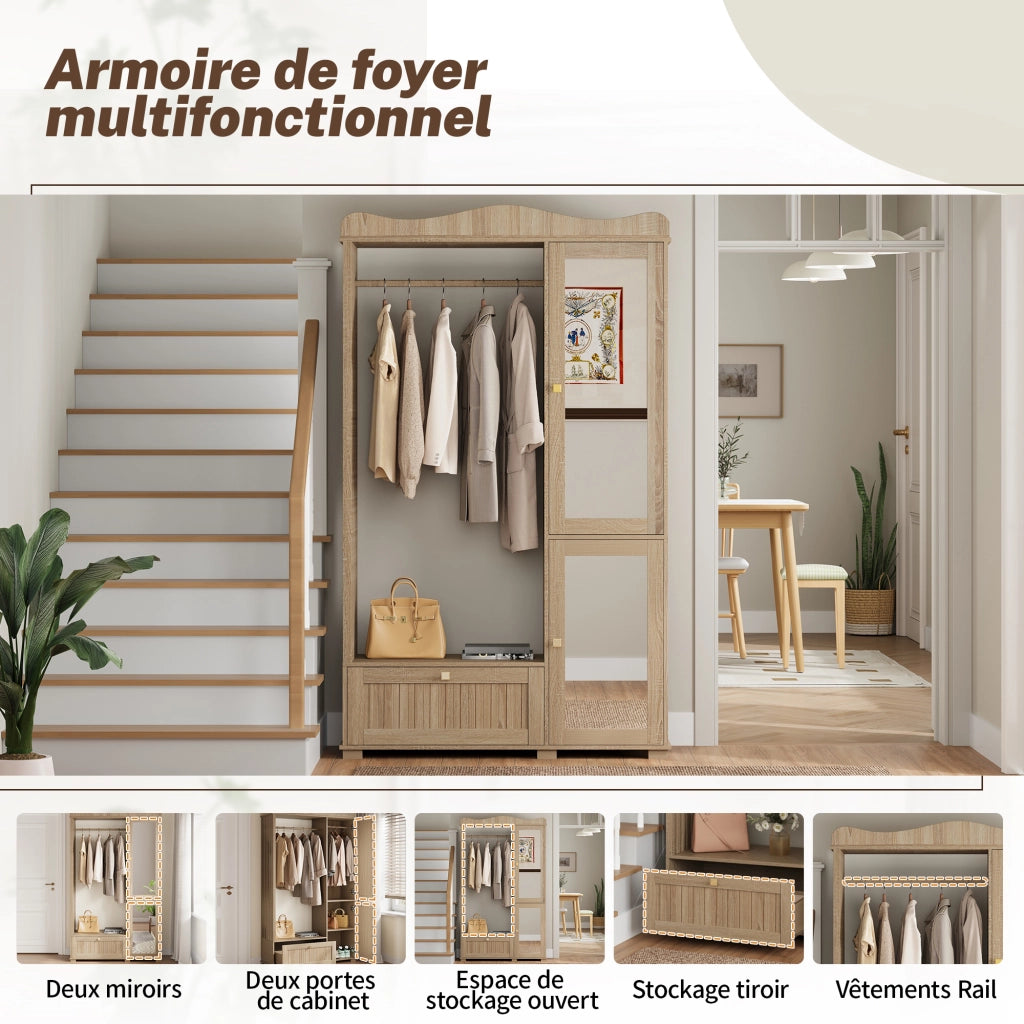 Armadio con 2 Ante e 1 Cassetto; Anta a Specchio e Barra Appendiabiti Aperta; Stile Moderno; in MDF; 115;5??38;5??194;5 cm; Rovere