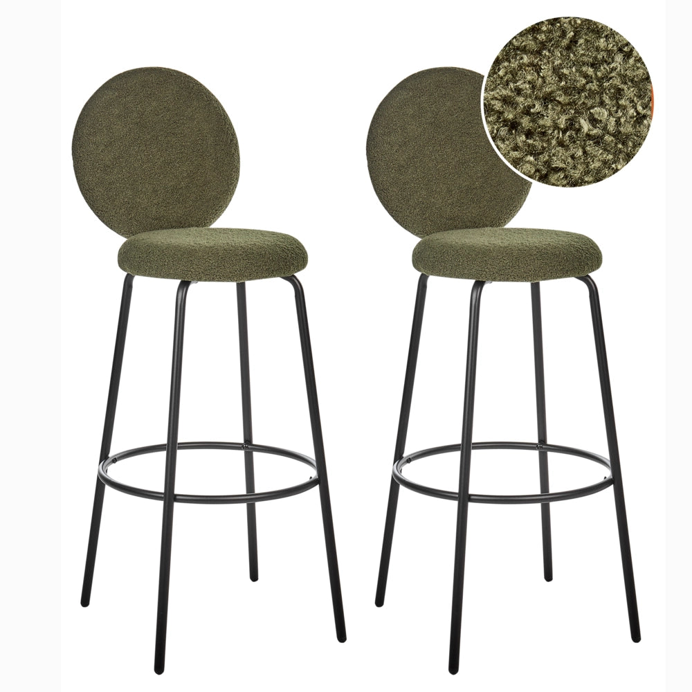 Set di 2 sedie da bar bouclé verde con gambe in acciaio e schienale rotondo soggiorno salotto